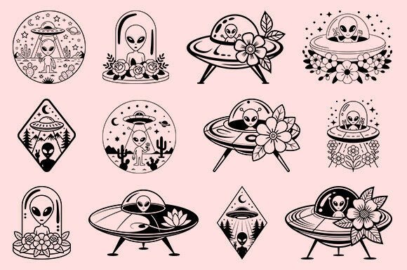 Alien Ship Svg Bundle, Floral UFO Svg